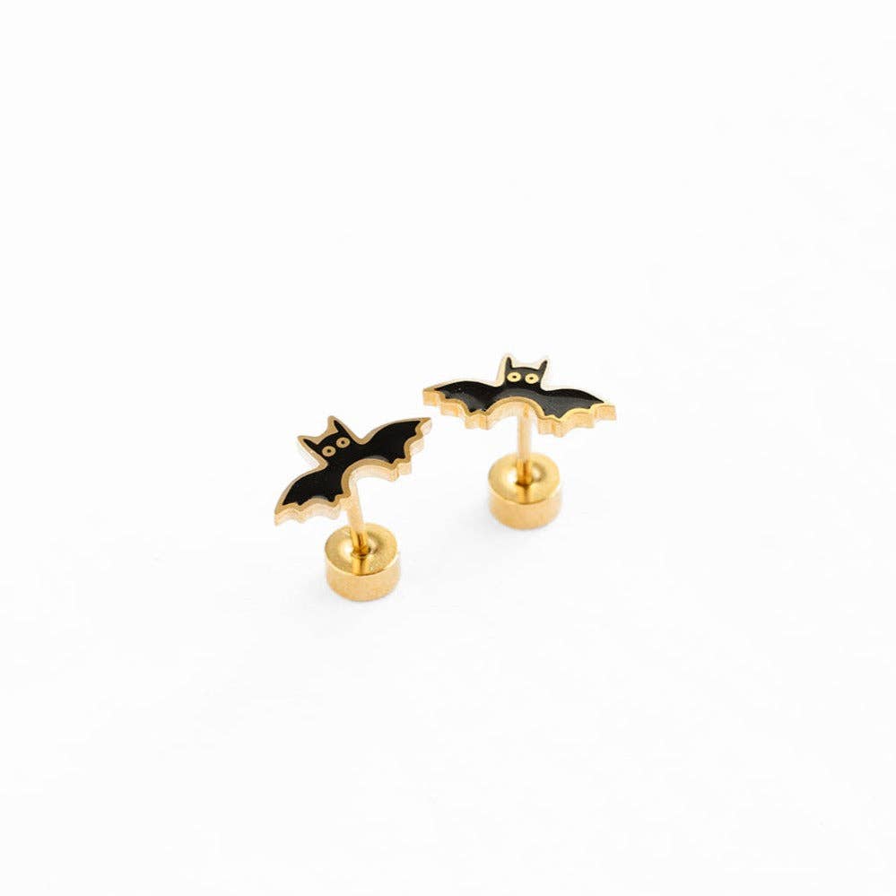 Bat-shaped earrings with gold posts on a pair back circle lock
