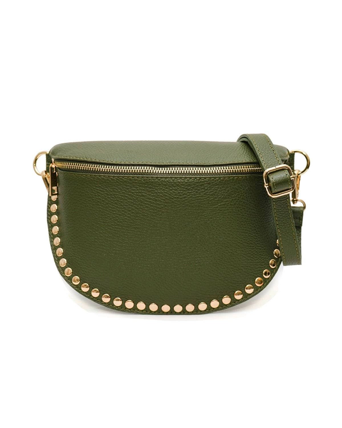 Green leather crossbody bag with gold studs on a white background