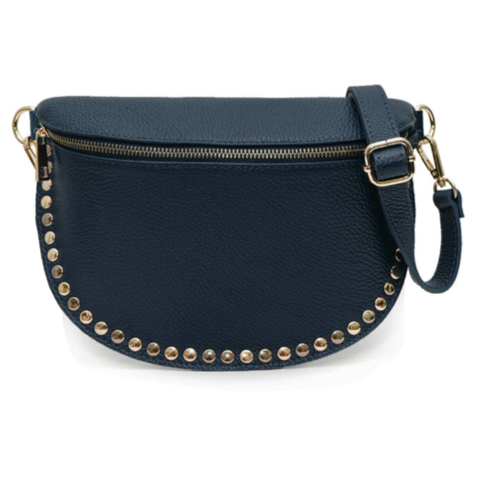 Navy blue handbag with gold studs on a white background