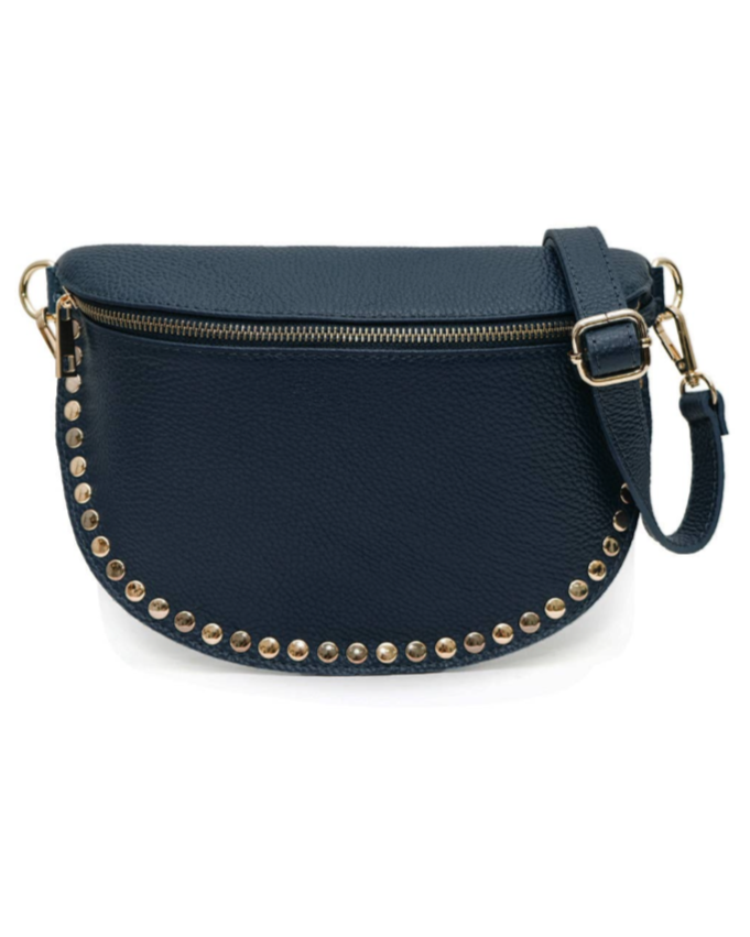 Navy blue handbag with gold studs on a white background