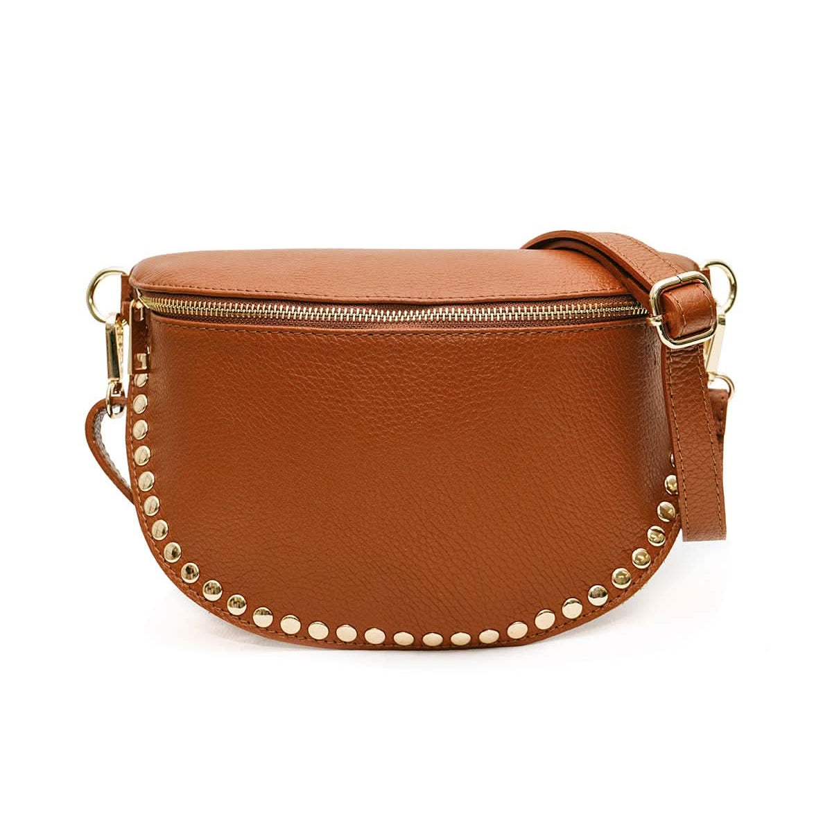 Brown leather crossbody bag with gold studs on a white background