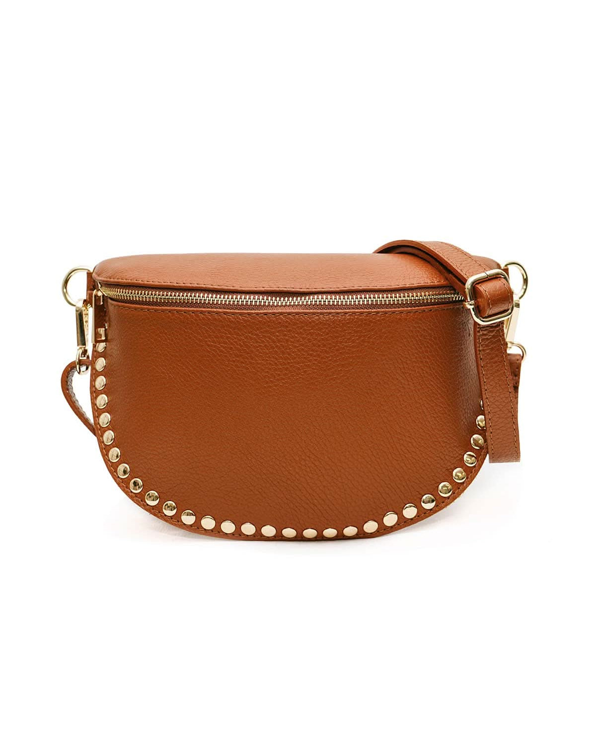 Brown leather crossbody bag with gold studs on a white background