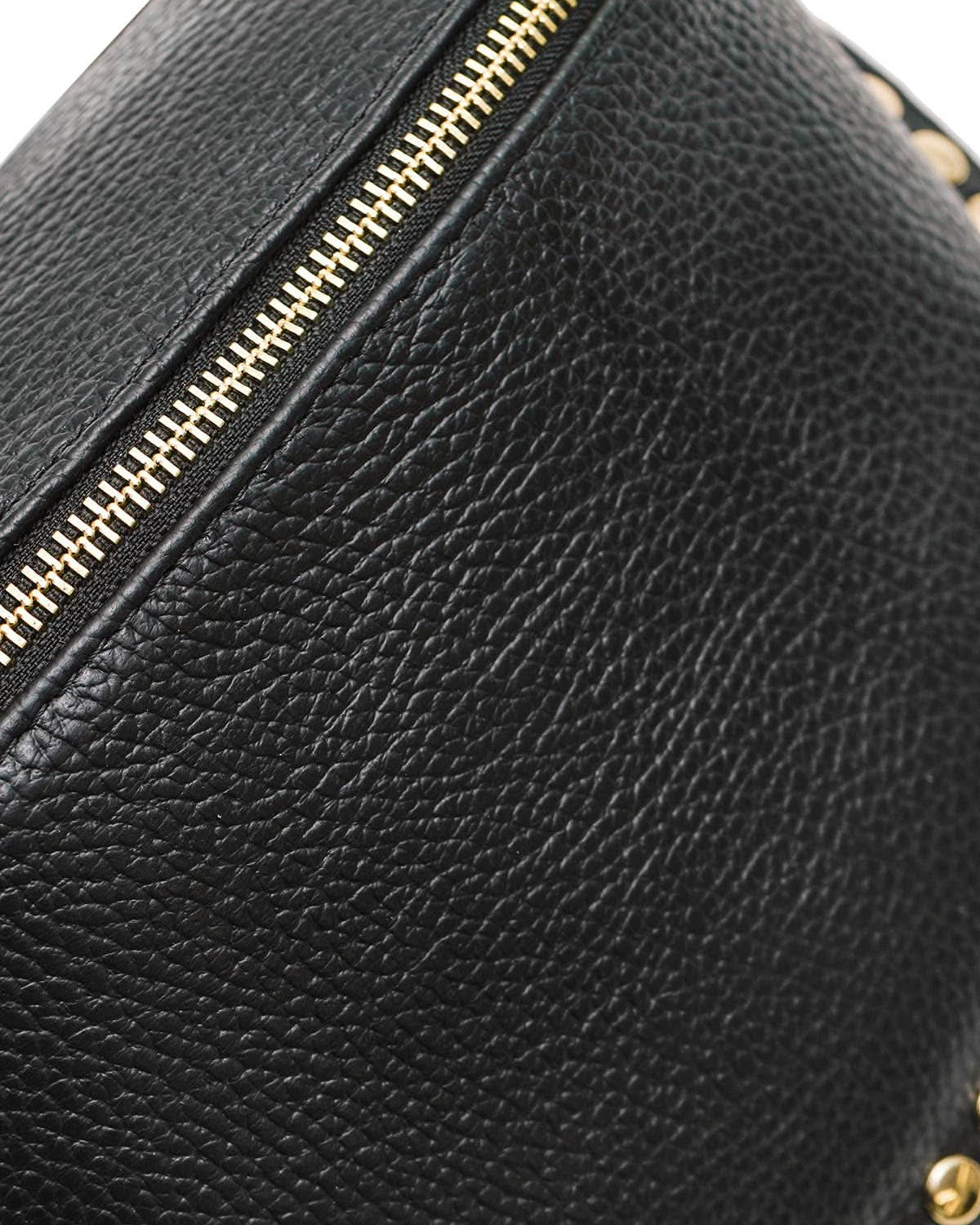 Black leather bag with gold zipper and studs