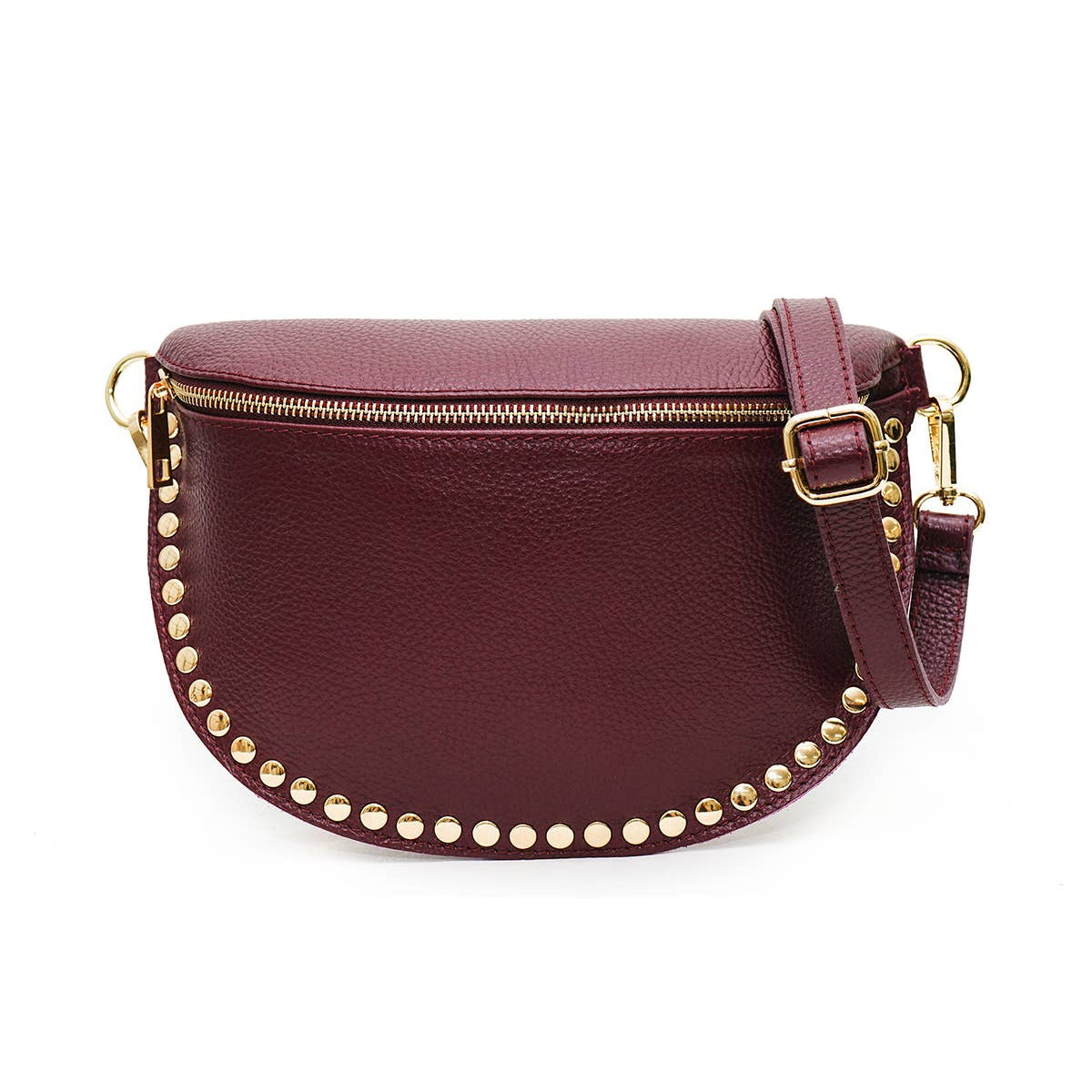 Maroon leather crossbody bag with gold studs and accents on a white background