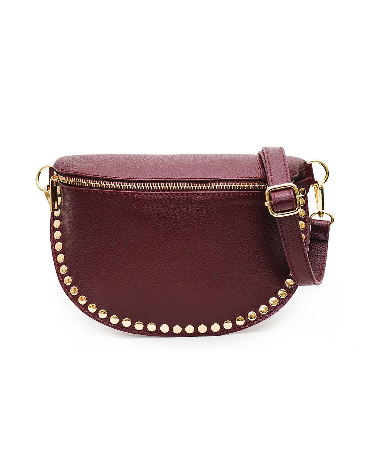 Maroon leather crossbody bag with gold studs and accents on a white background
