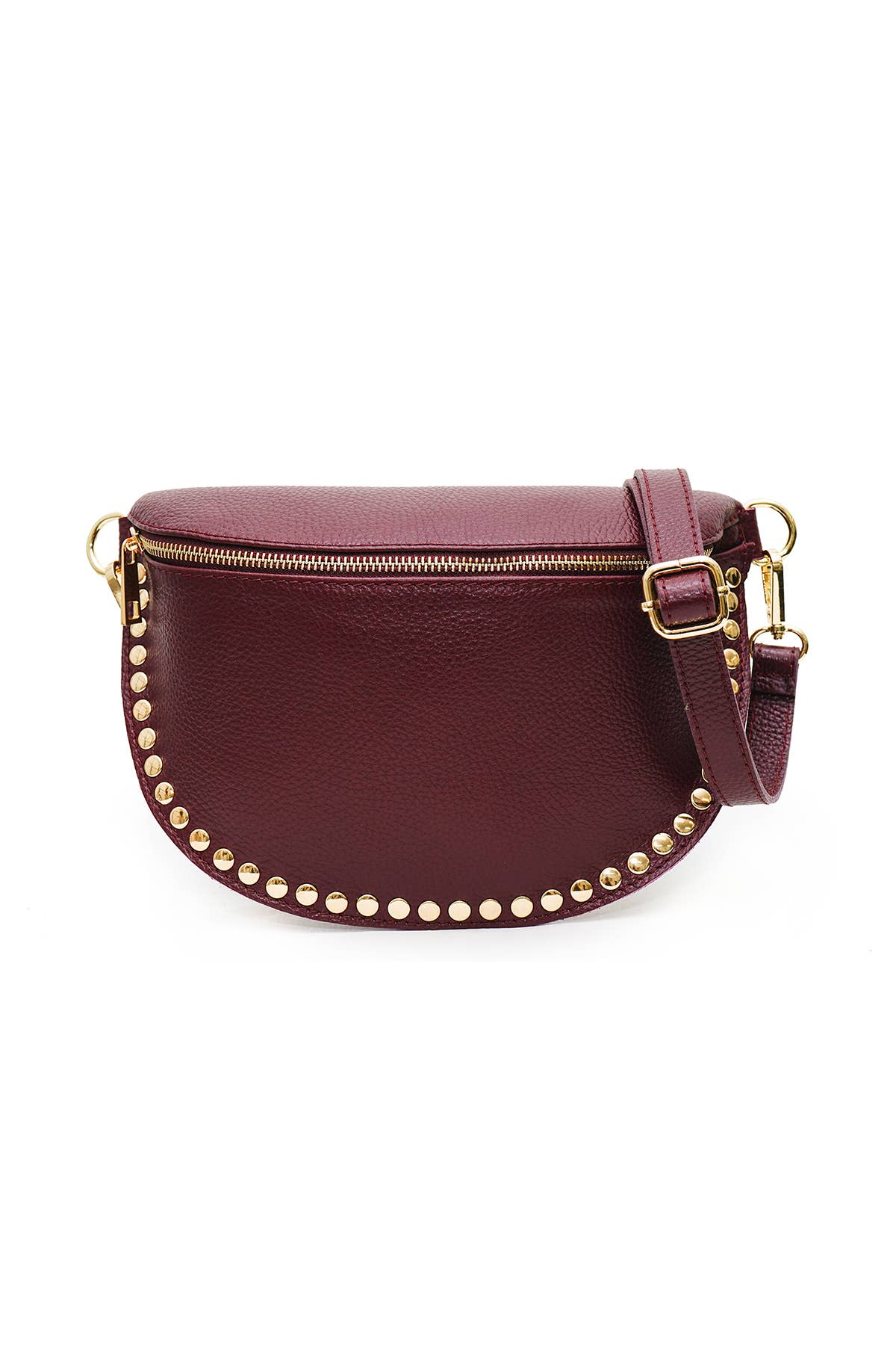 Maroon leather crossbody bag with gold studs and accents on a white background