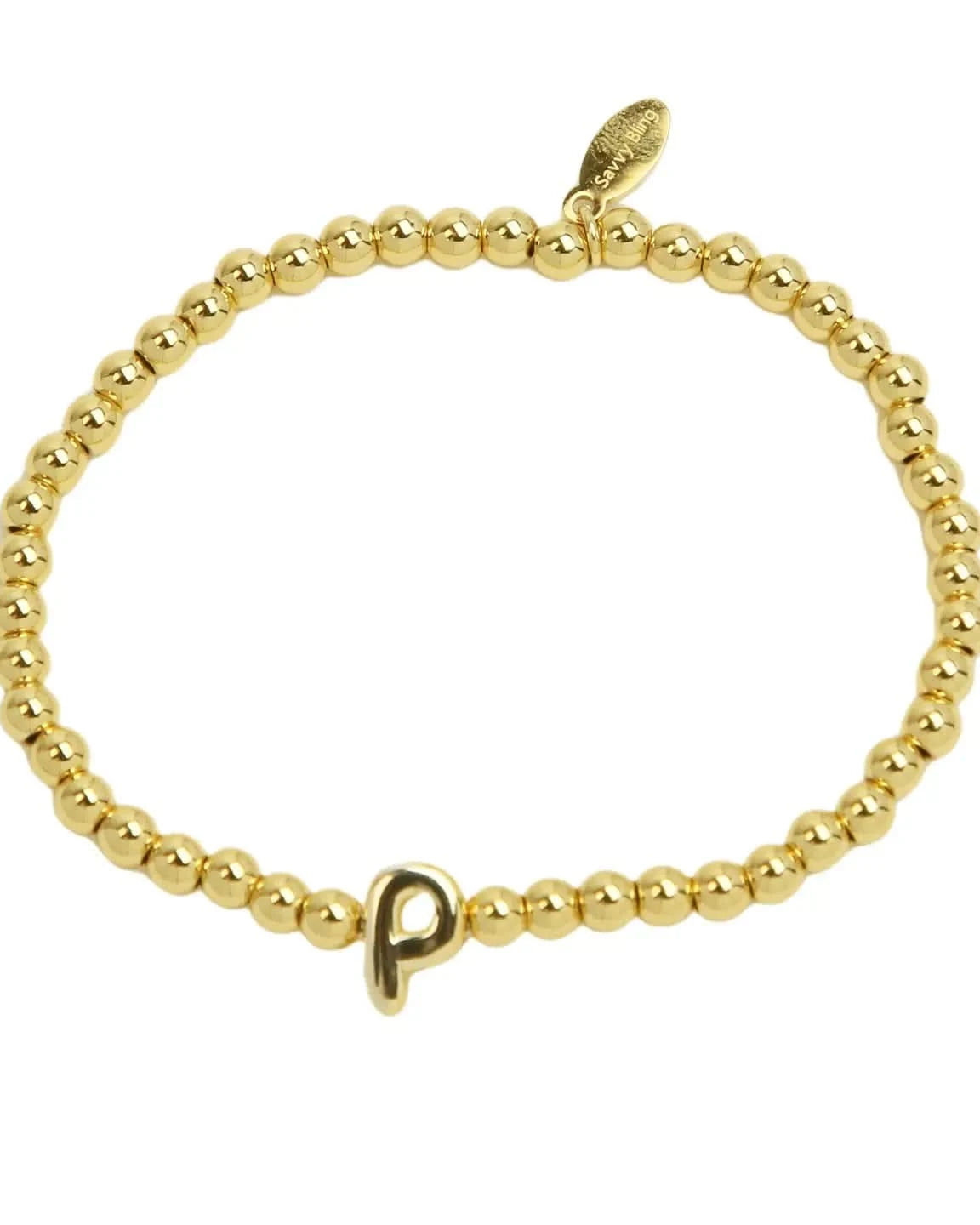 Gold beaded bracelet with a letter 'P' charm on a white background