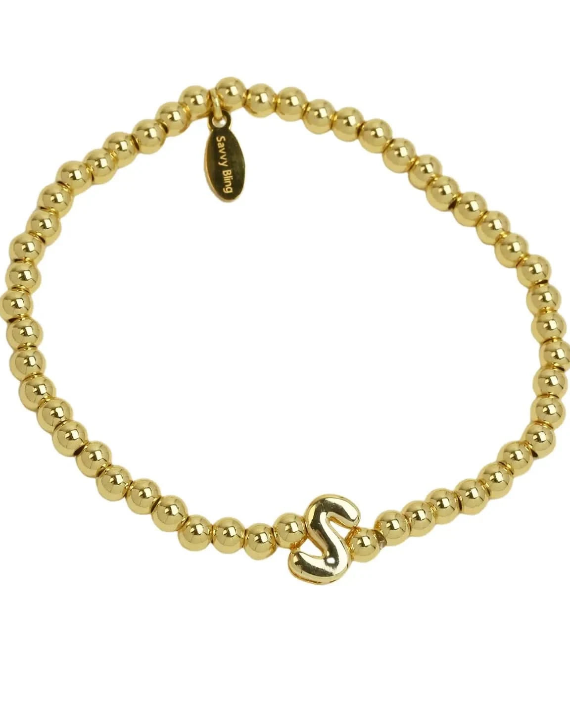 Gold beaded bracelet with a gold clasp on a white background