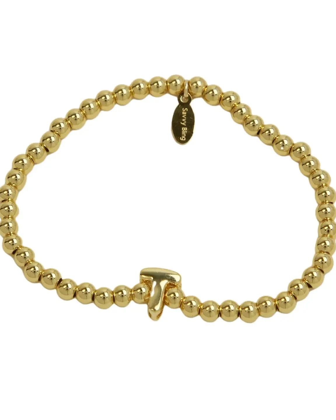 Gold beaded bracelet on a white background
