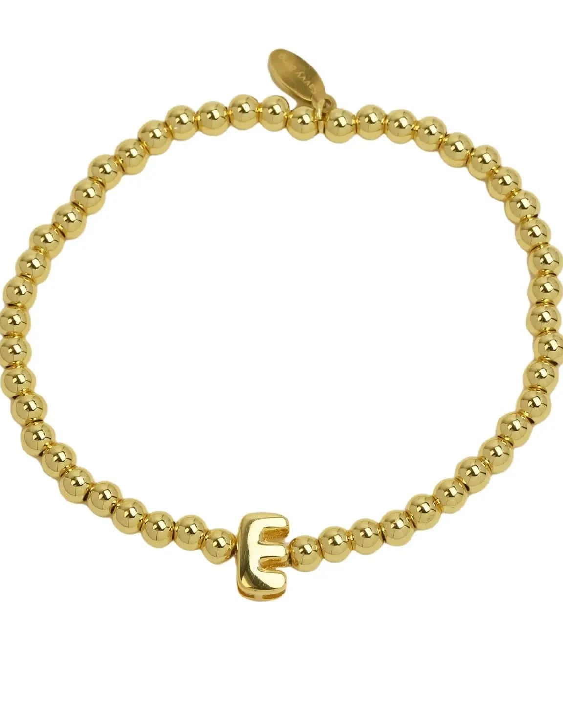 Gold beaded bracelet with a gold clasp on a white background