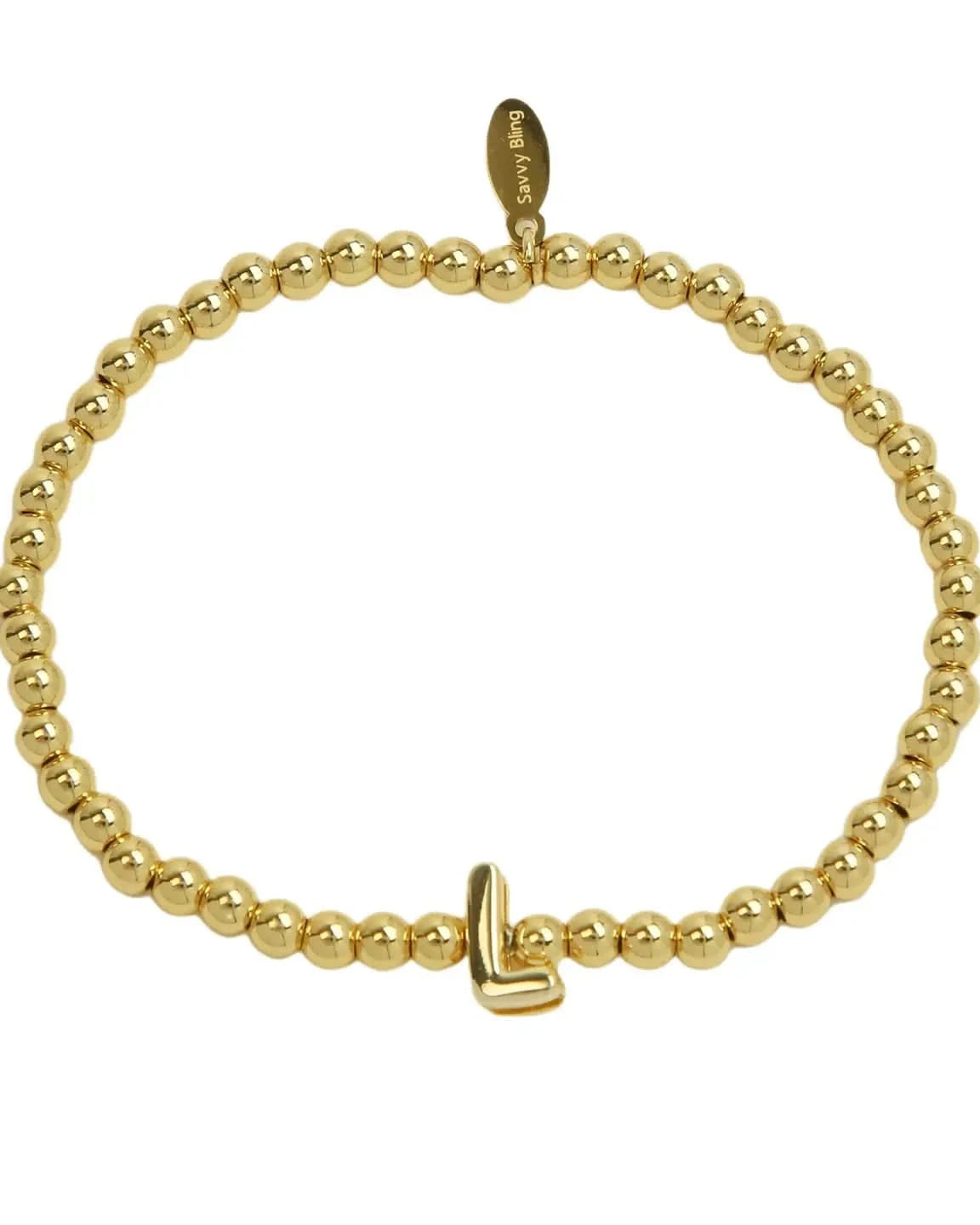 Gold beaded bracelet with a gold clasp on a white background