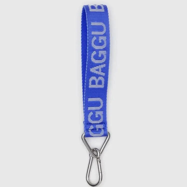 Blue baggu keychain strap on a white background