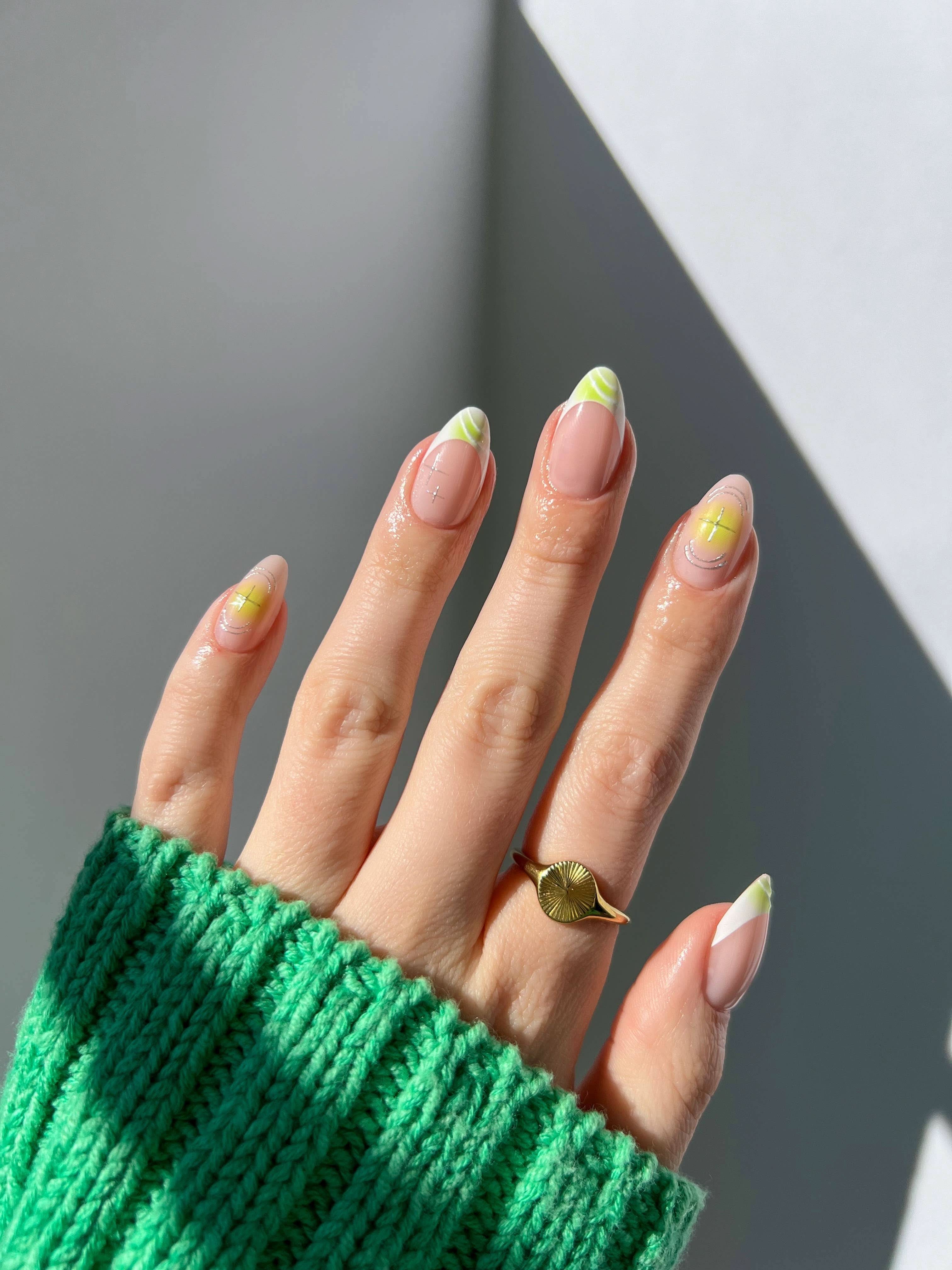 Glossy finish detail on Azure Blue short round press-on nail