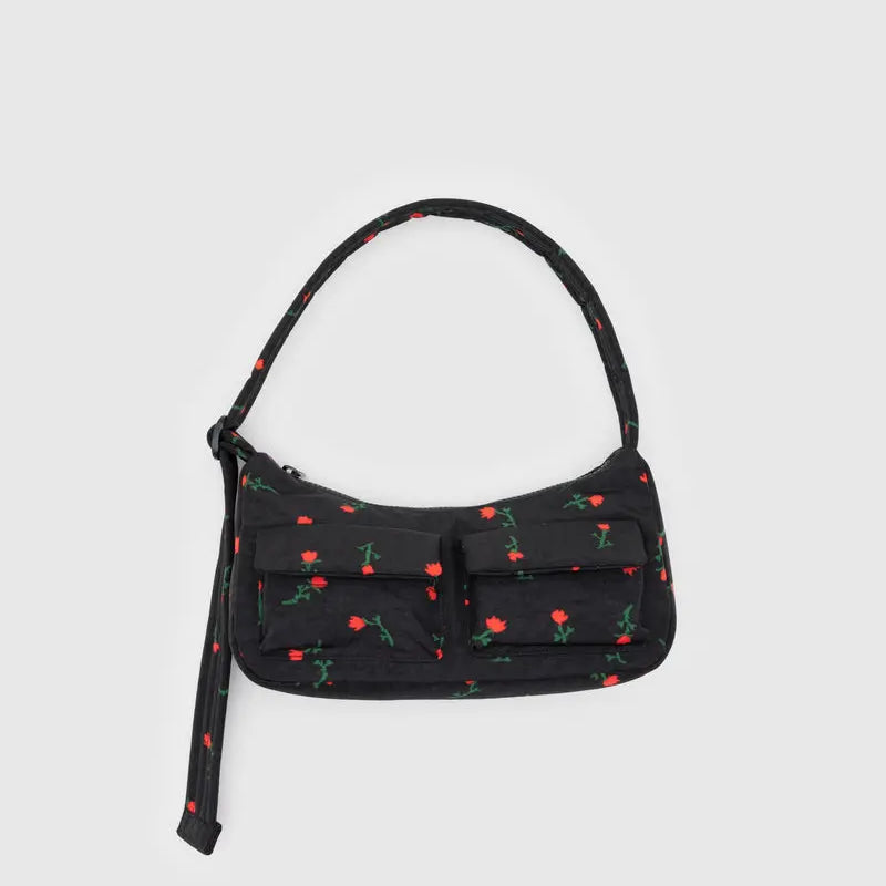 Black handbag with red floral pattern