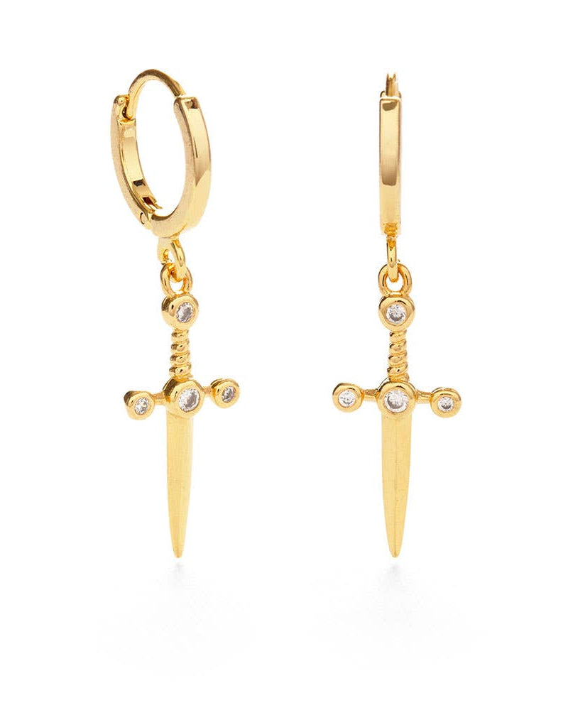 Gold sword-shaped earrings with holding circle