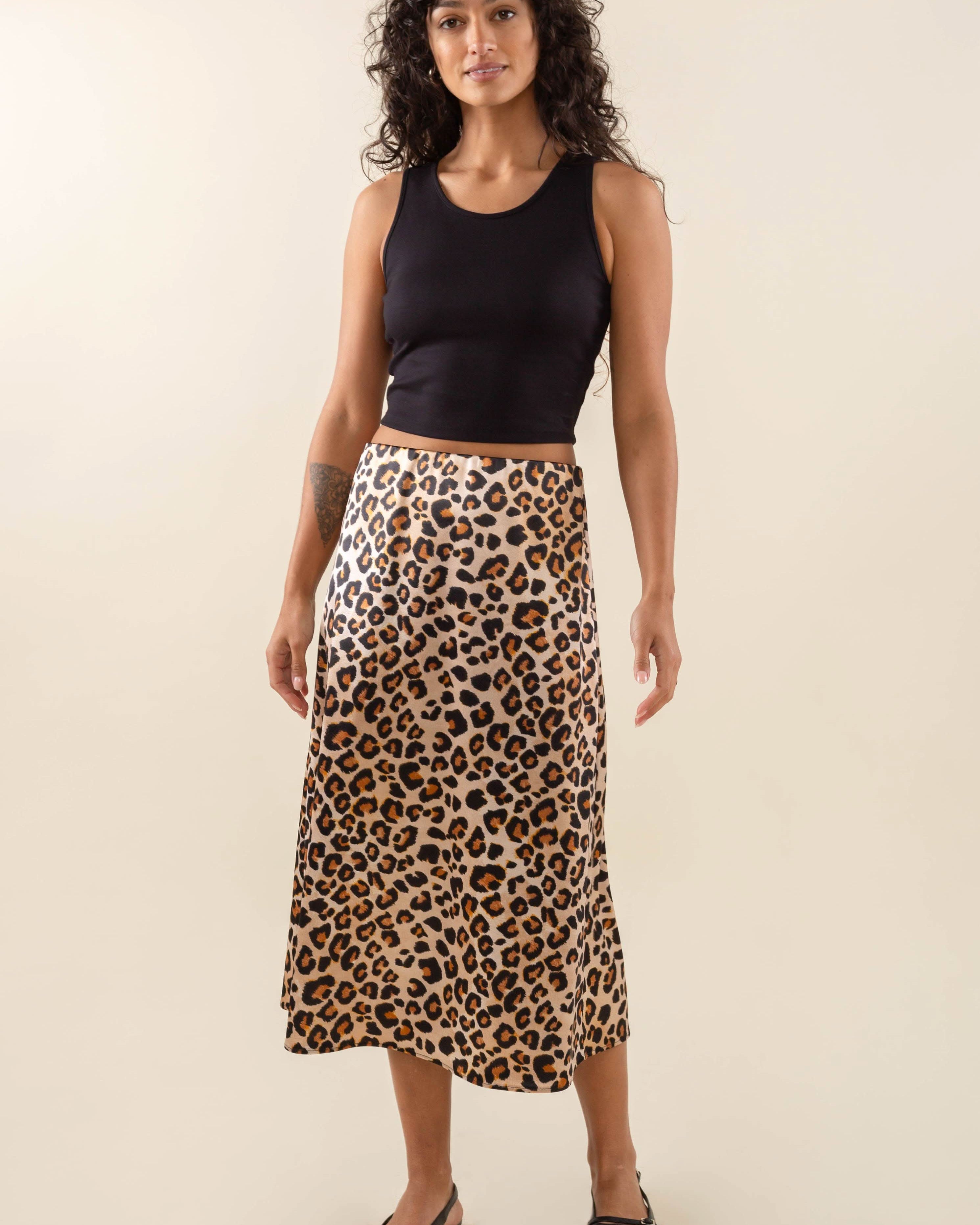 Leopard print satin skirt Satin stretch midi skirt Elastic waistband skirt Cheetah print