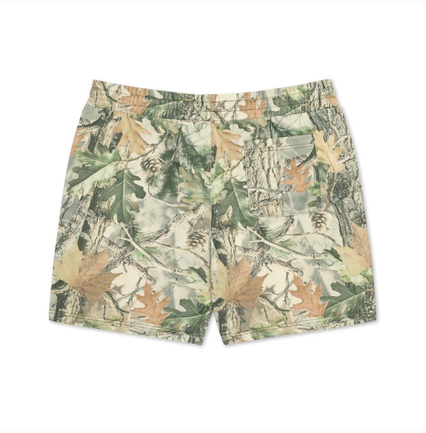 Camouflage-patterned shorts on a white background
