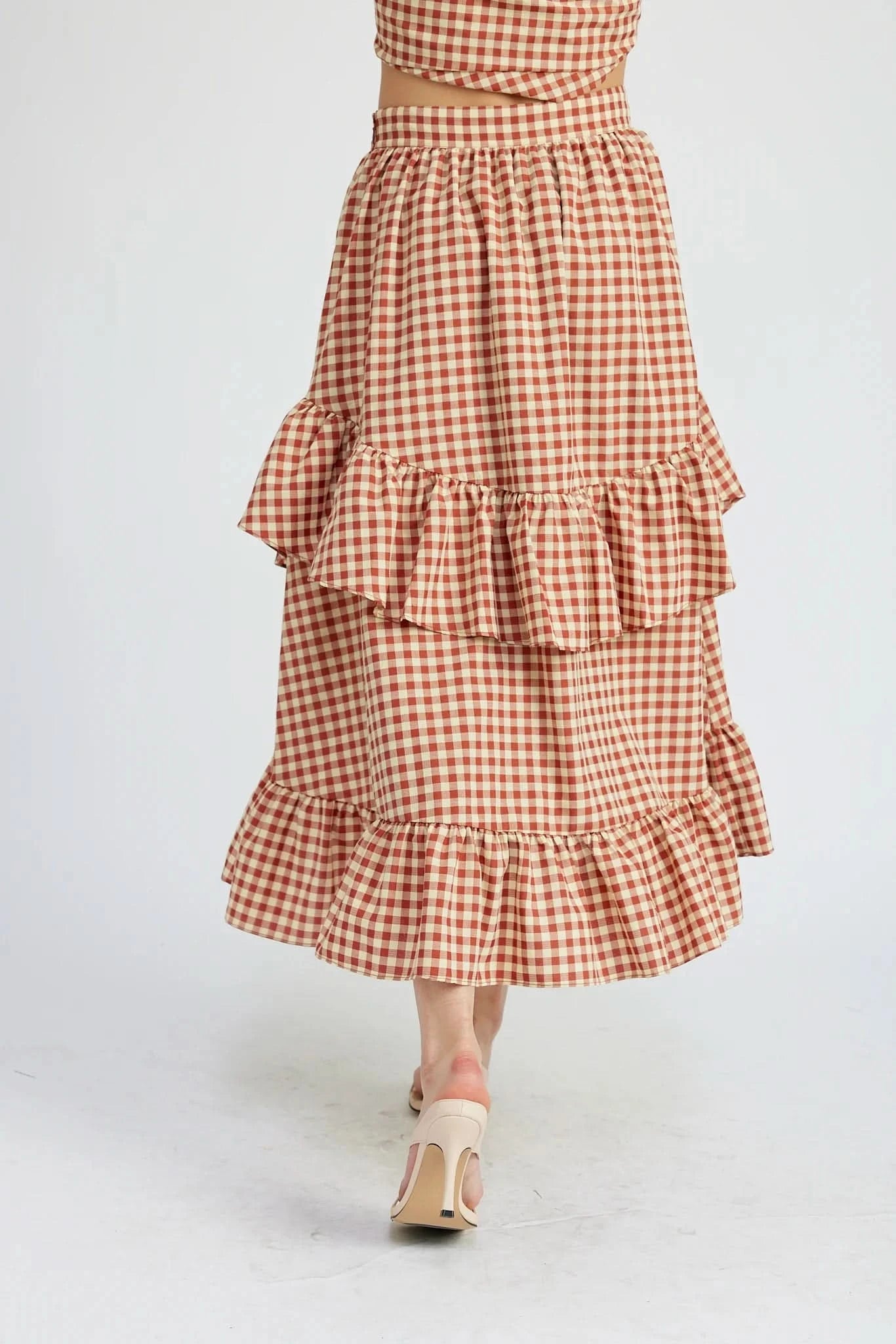Red and white checkered Gingham Volume Ruffle Tiered Midaxi Skirt