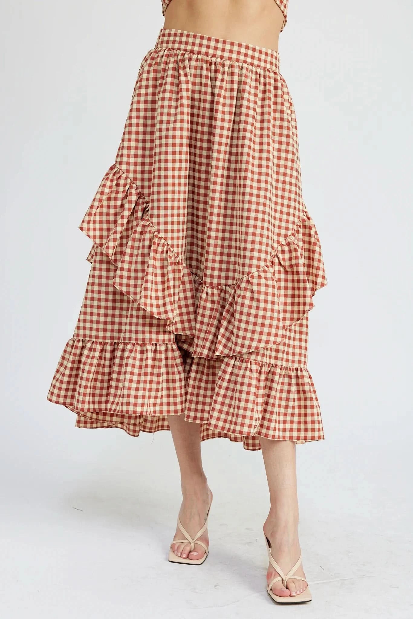 Red and white checkered tiered skirt