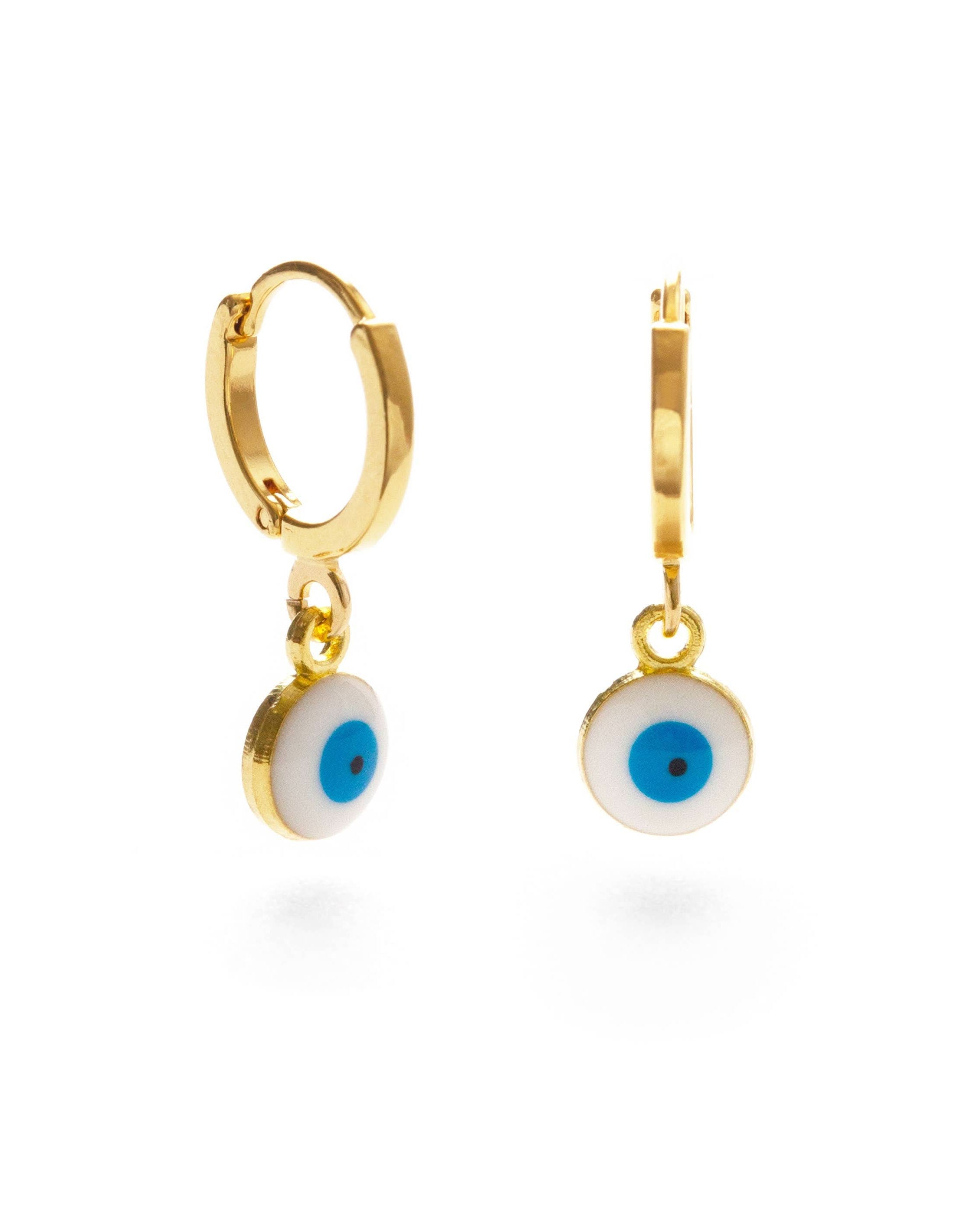 Gold earring with glass evil eye charm white with blue eye