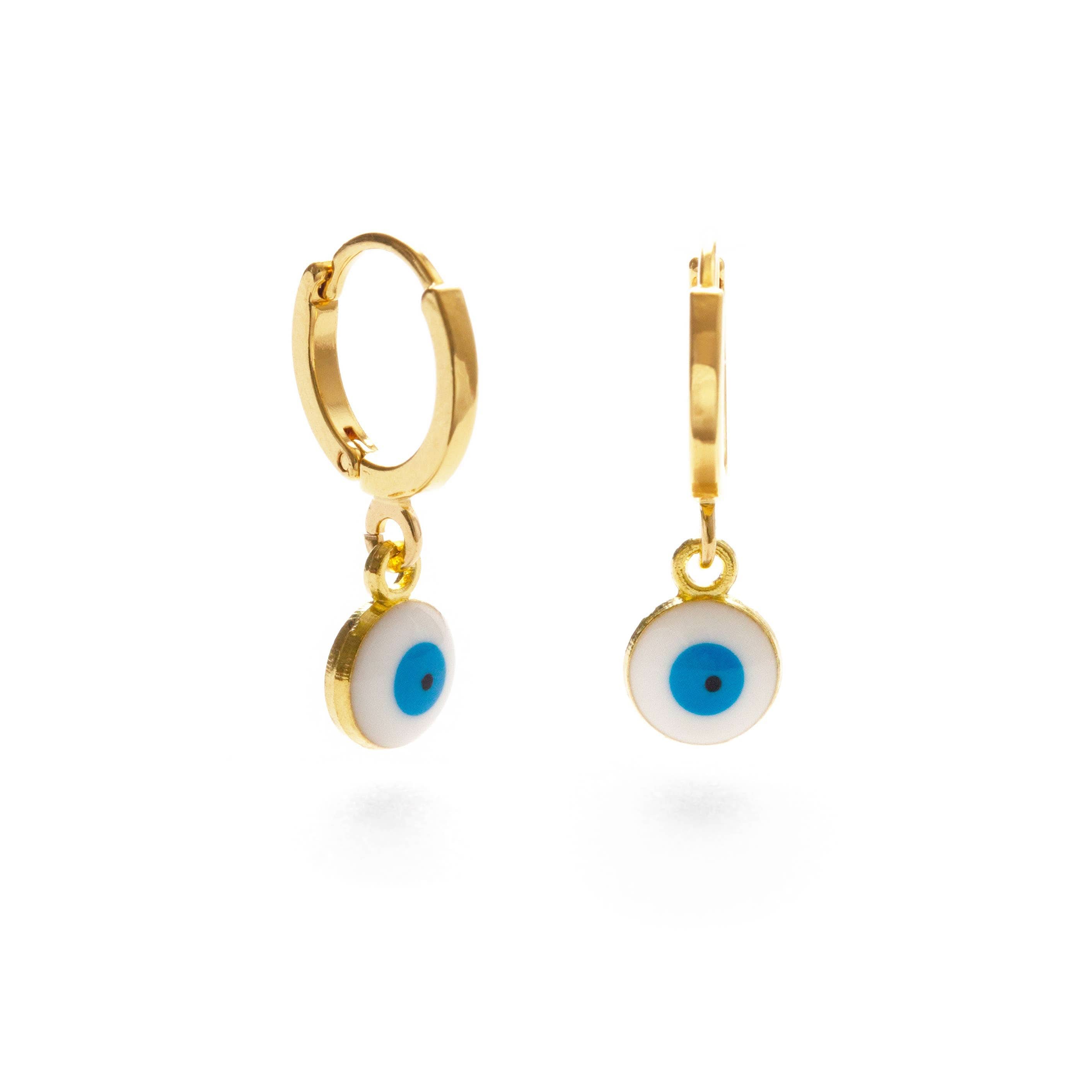 Gold earring with glass evil eye charm white with blue eye