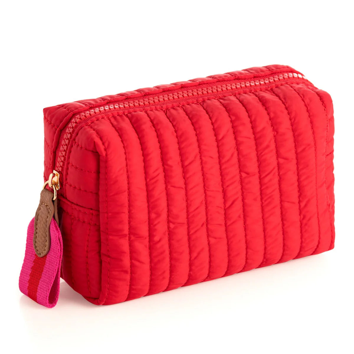 Ezra small boxy cosmetic pouch Red quilted clutch bag with a gold zipper and pink strap
