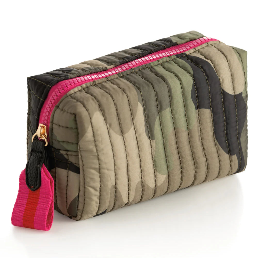 Ezra small boxy cosmetic pouch,camouflage fabric with pink zipper.