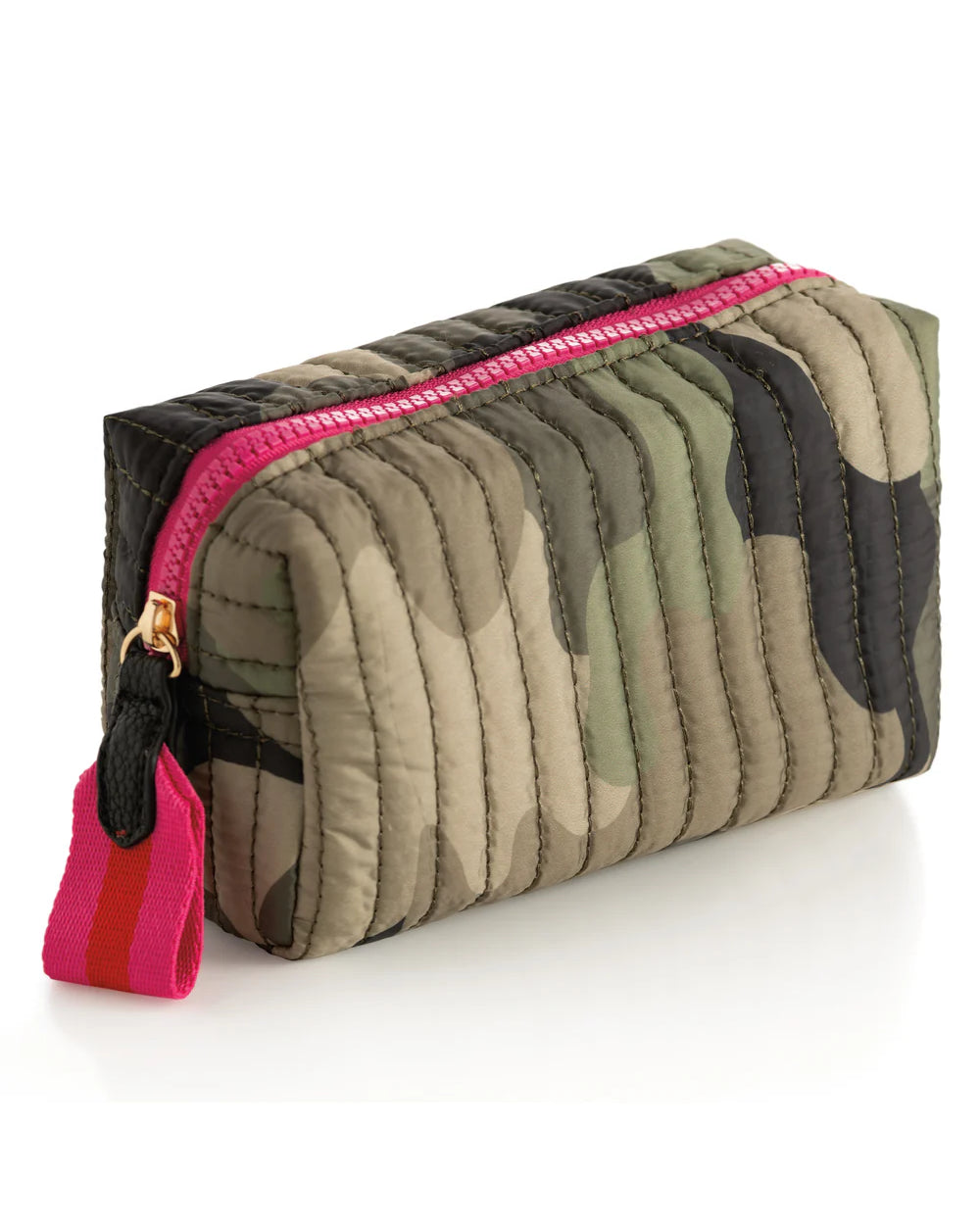 Ezra small boxy cosmetic pouch,camouflage fabric with pink zipper.
