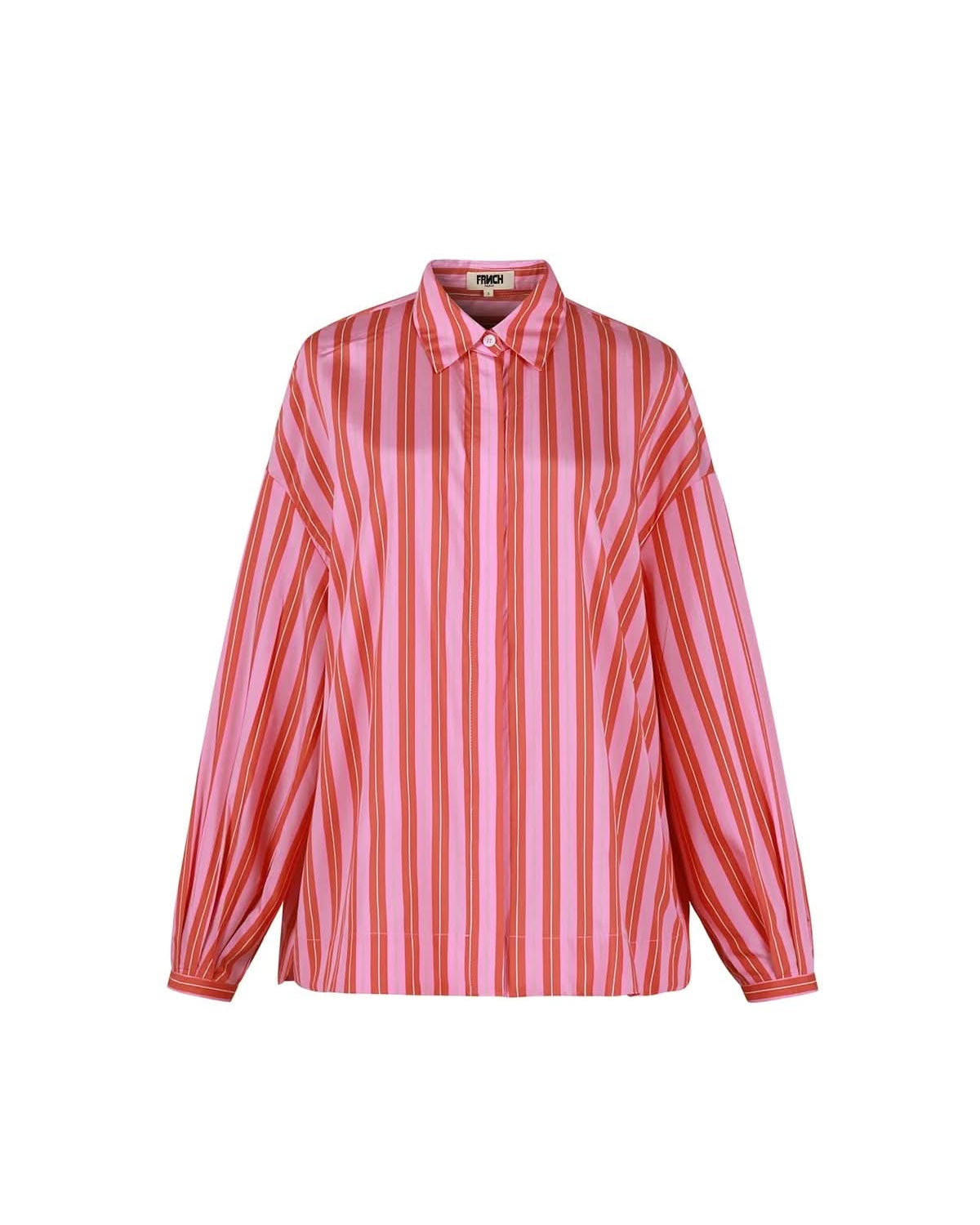 Long sleeve button down satin blouse with red and pink stripes