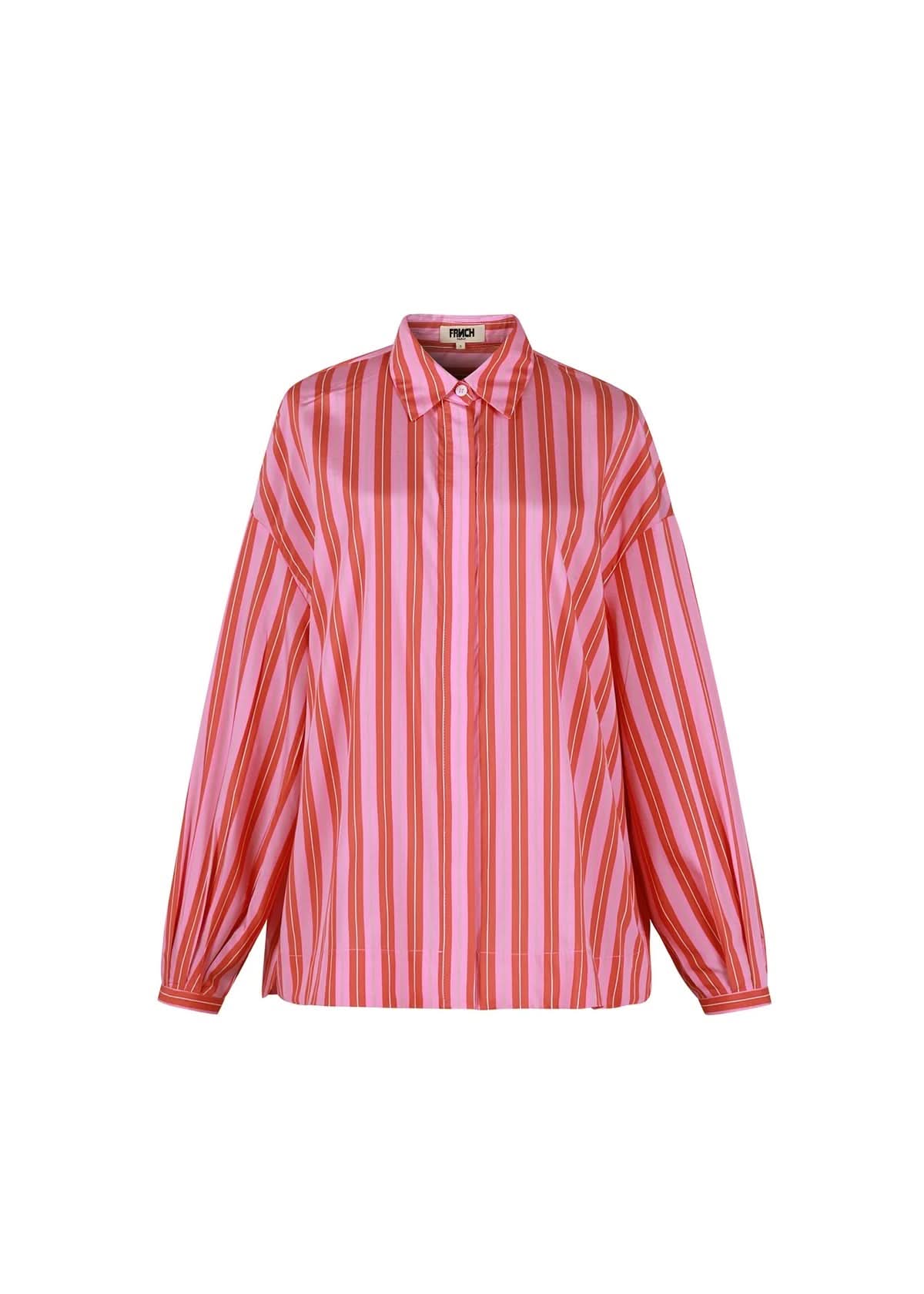 Long sleeve button down satin blouse with red and pink stripes