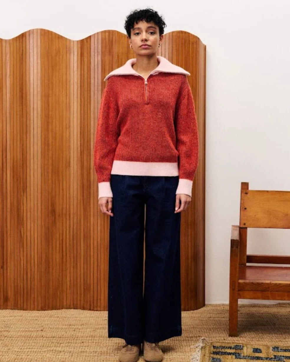 person wearing a red sweater with white collar