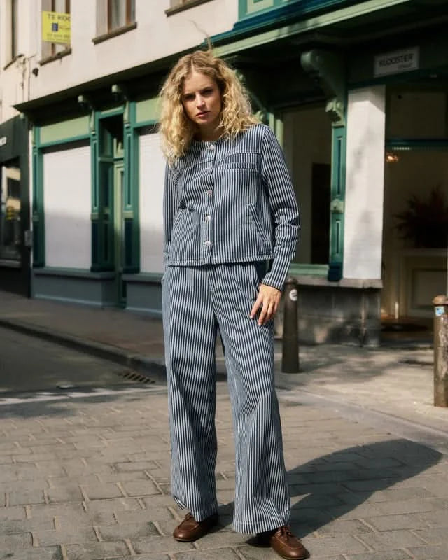 blue and white color striped outfit with relexible and FRNCH fabric