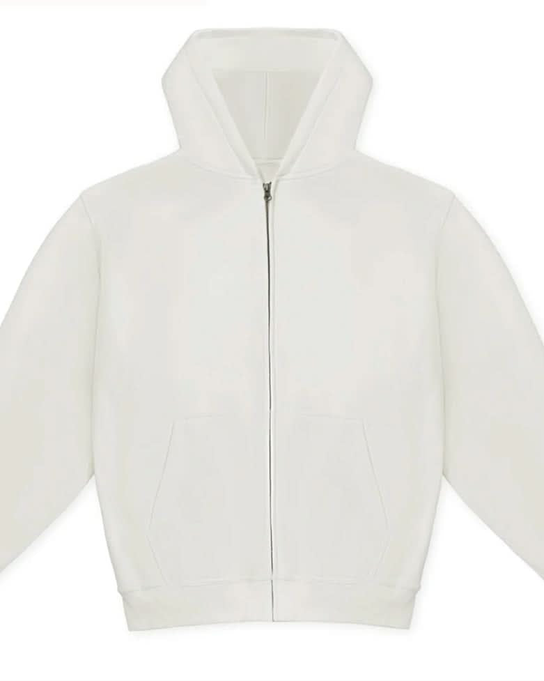 White heavy cotton zip up hoodie on white background