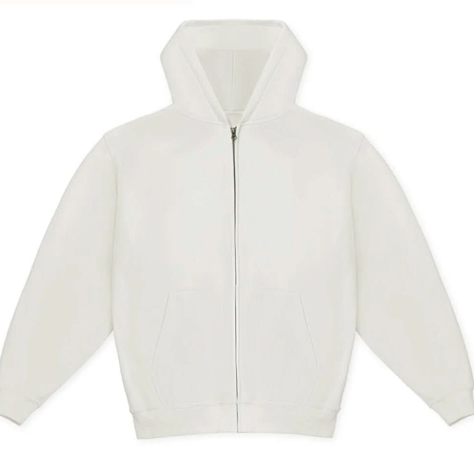 White heavy cotton zip up hoodie on white background