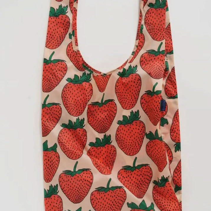 Large reusable shopping bag with red strawberry print