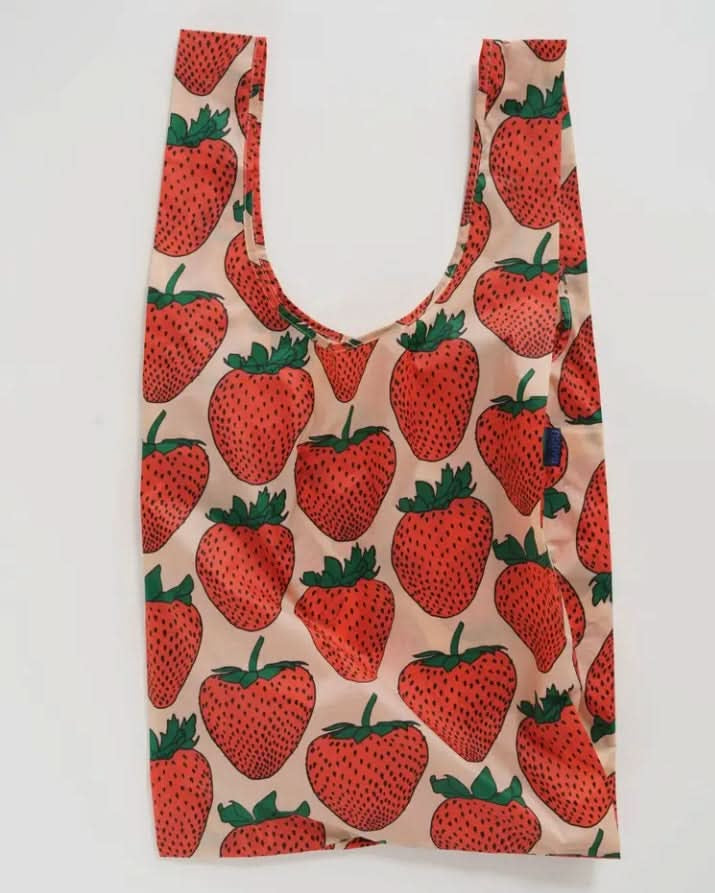 Large reusable shopping bag with red strawberry print