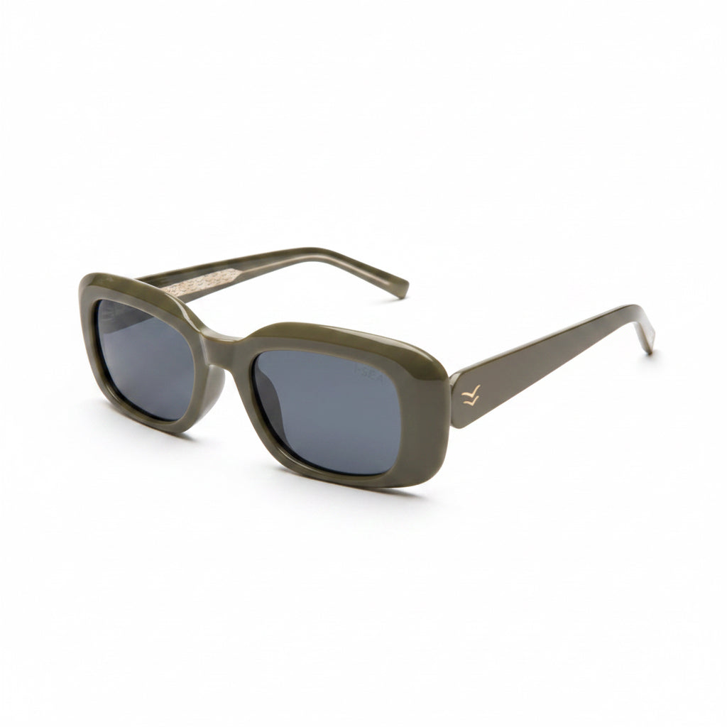 Sunglasses with a green frame and dark lenses on a white background