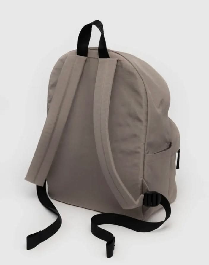 Taupe nylon backpack with front pocket zip closure
