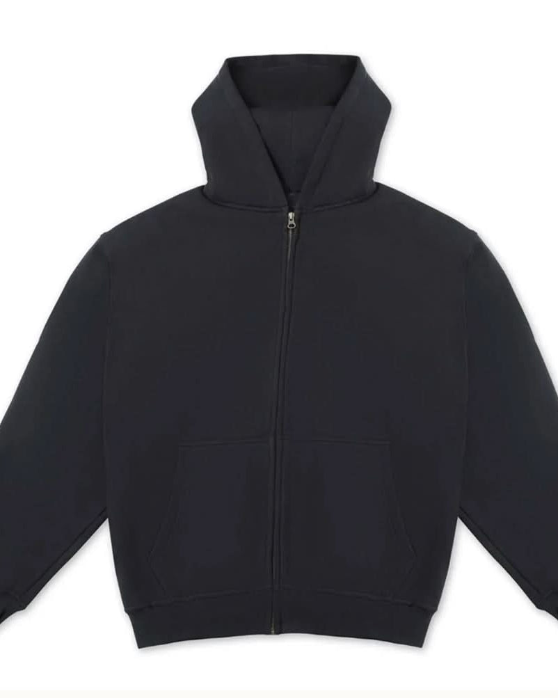 Black heavy cotton zip hoodie on white background
