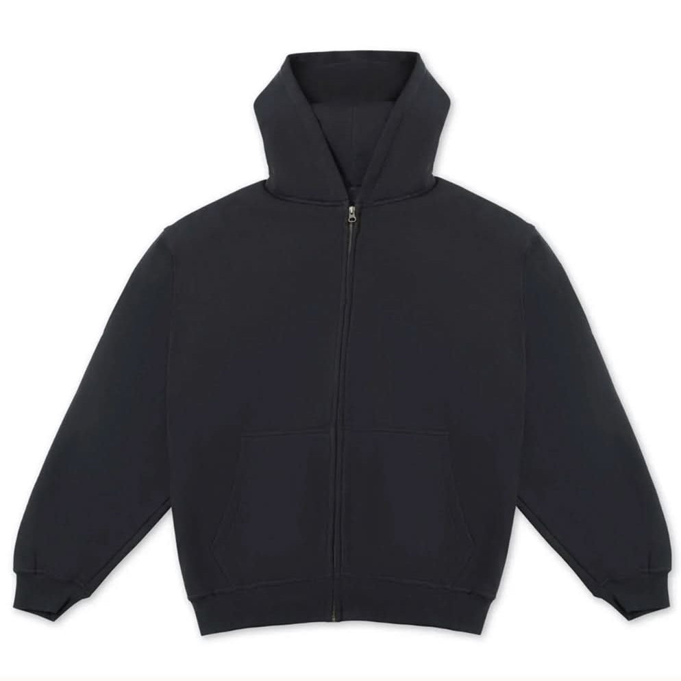 Black heavy cotton zip hoodie on white background