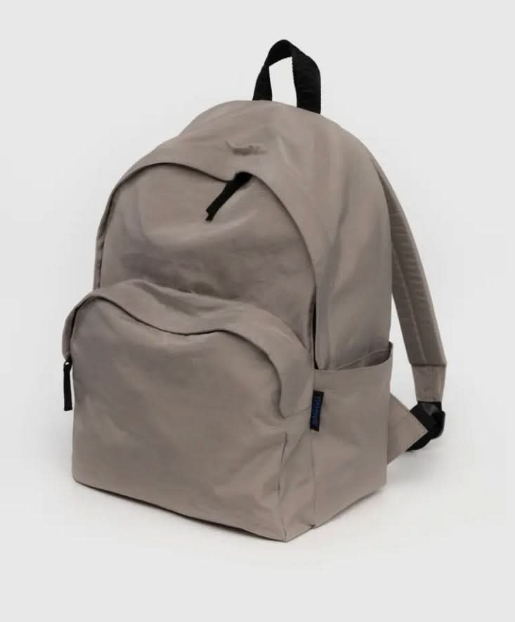 Taupe nylon backpack with front pocket zip closure