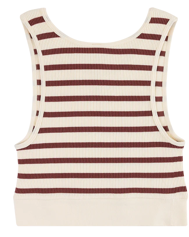A crème and red striped sleeveless U-V neckline tank top in front of a blank background.