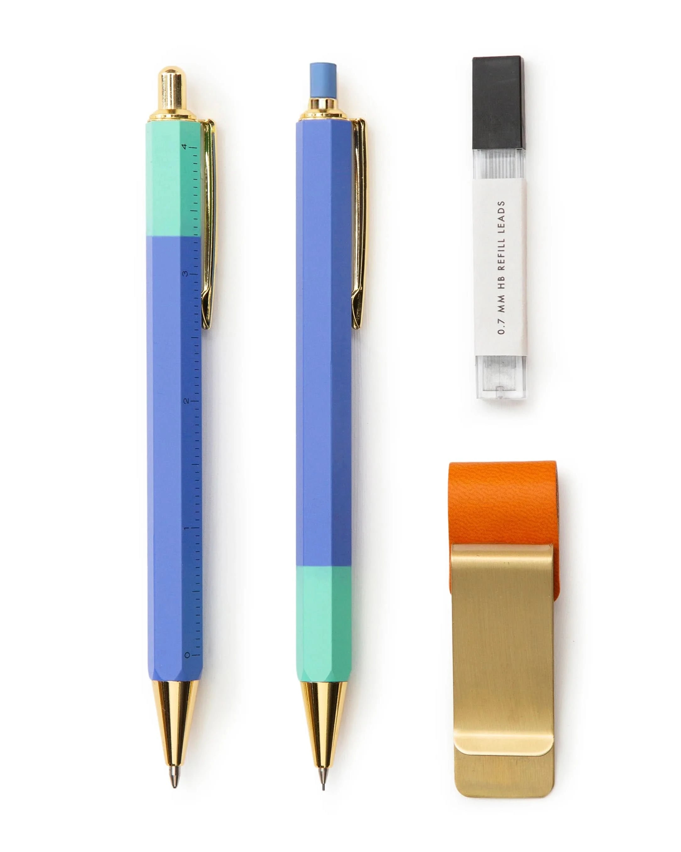 Pen and mechanical pencil set with pen holder and led refills laying down symmetrically on white background