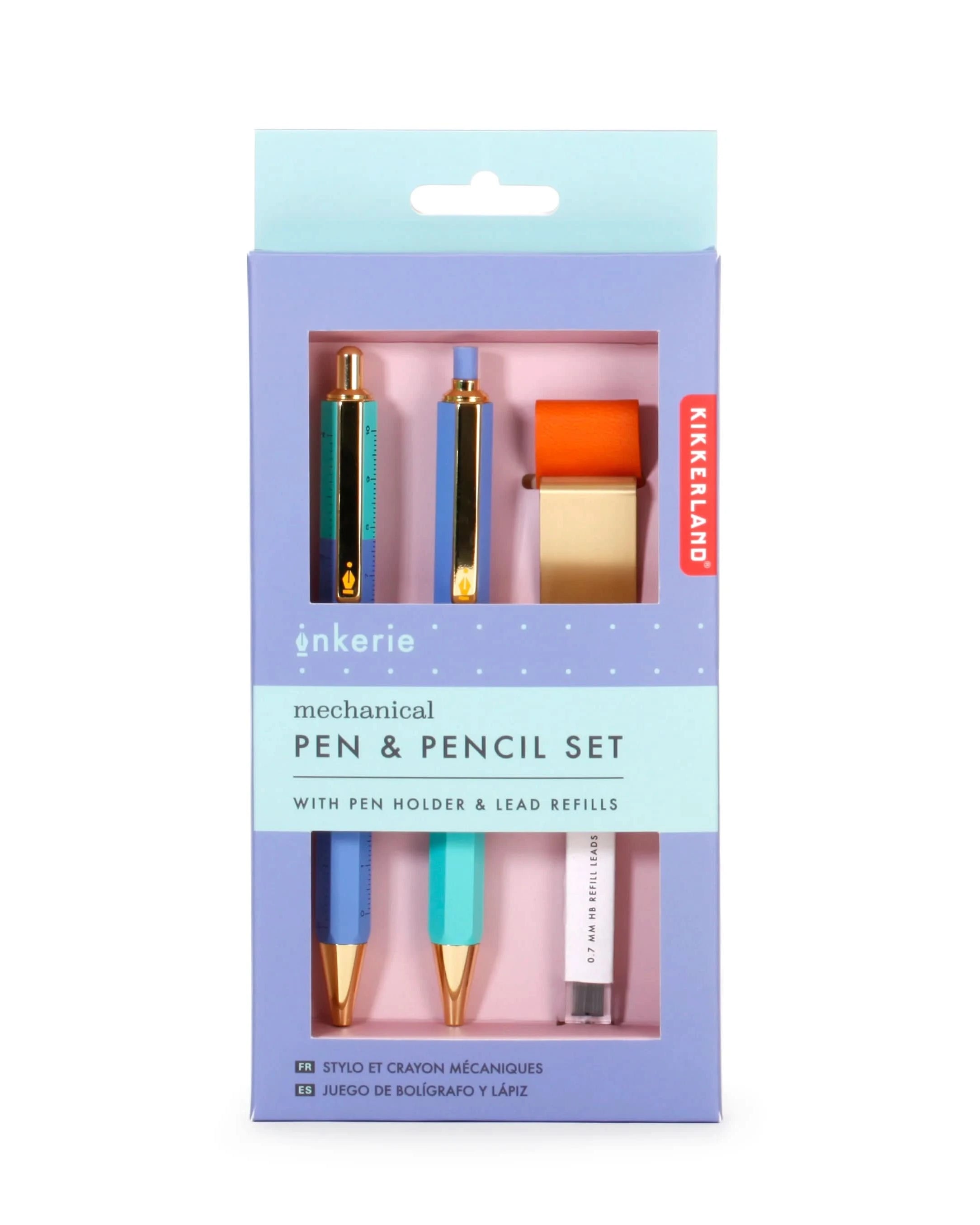 Pen and mechanical pencil set with pen holder and led refills in set container laid on white background