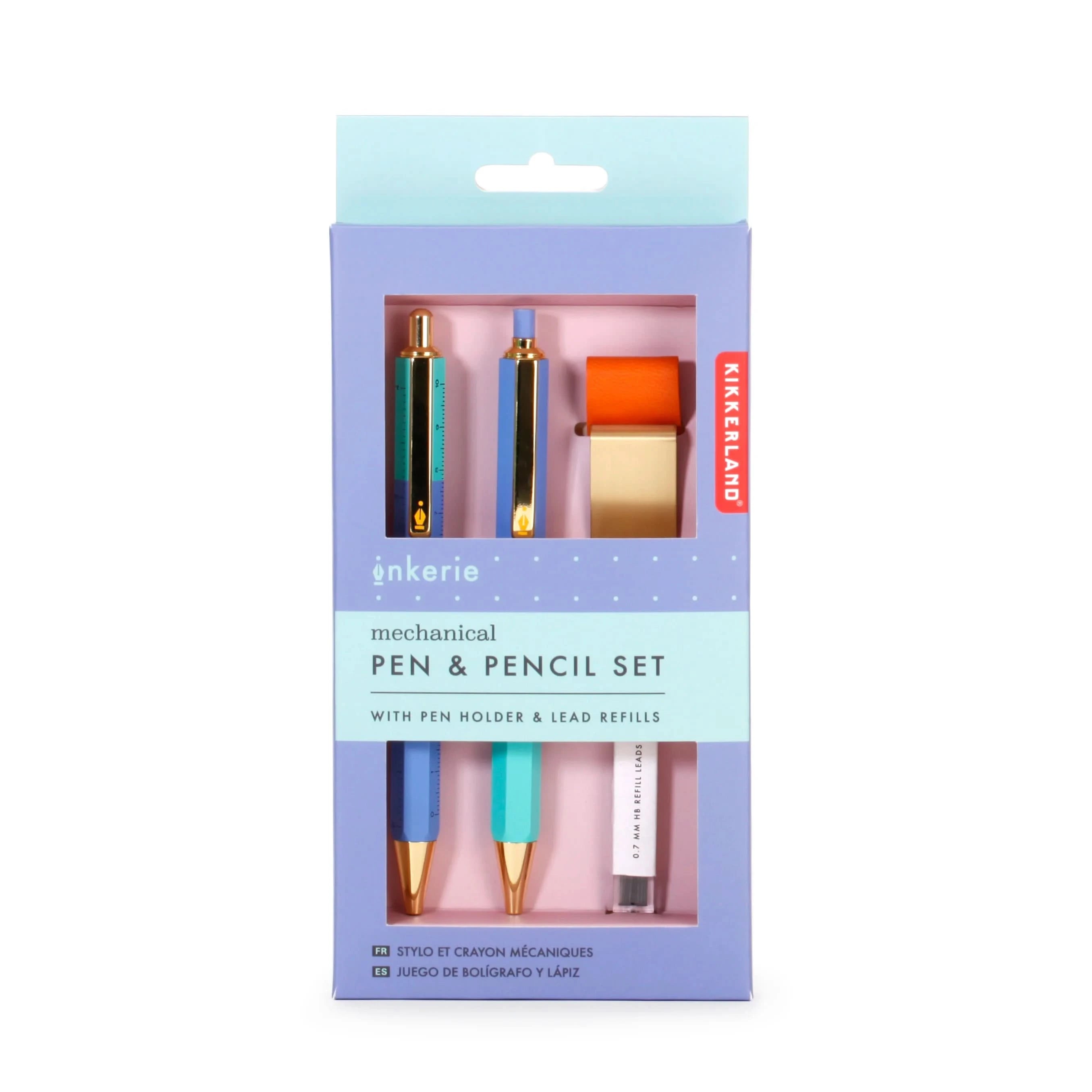 Pen and mechanical pencil set with pen holder and led refills in set container laid on white background