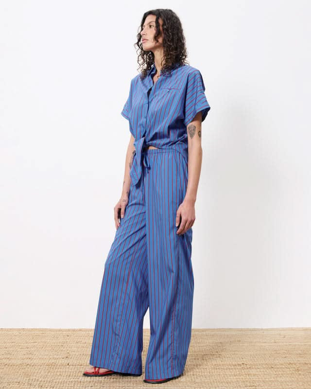 Woman wearing blue botton up blouse with vertical red stripes and a front pocket. Wearing pants with the same pattern.