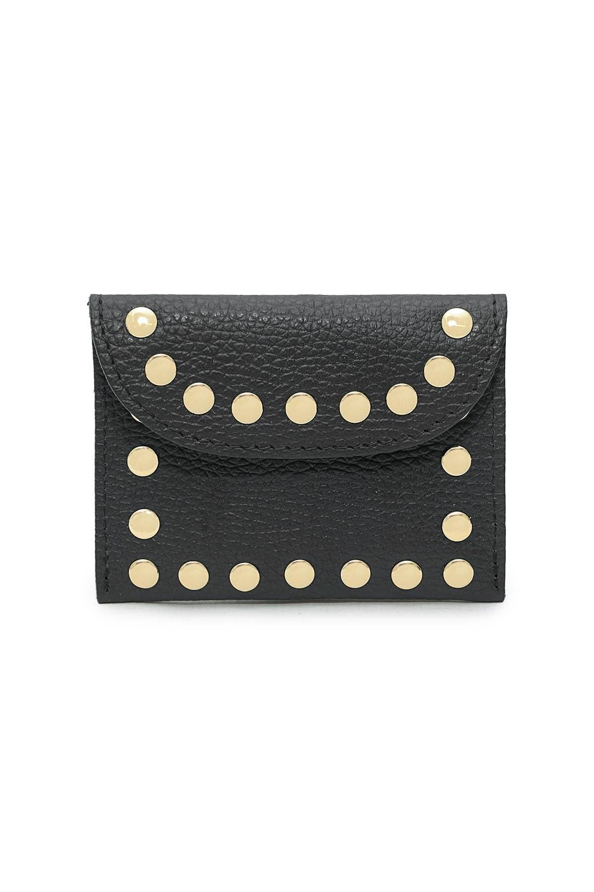 Black leather flap wallet with gold embellishes outlining the wallet