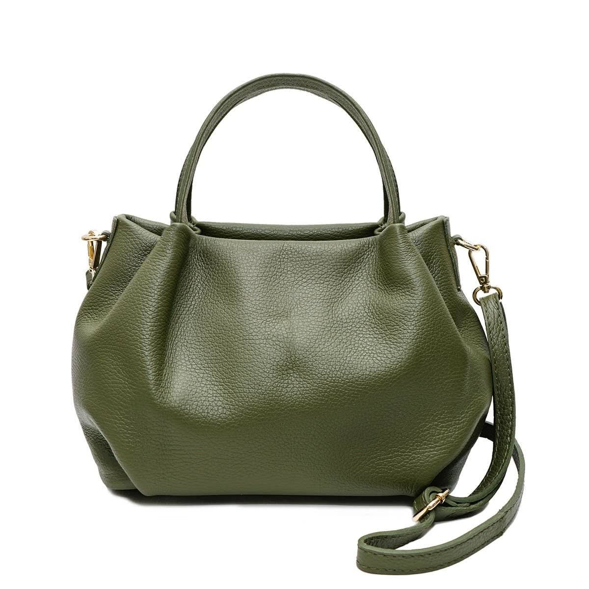 Big dark green leather handbag purse with handles, strap, and gold details