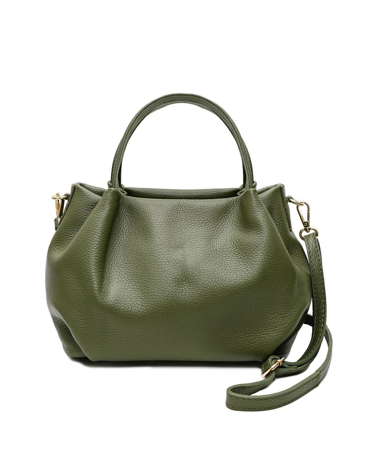Big dark green leather handbag purse with handles, strap, and gold details