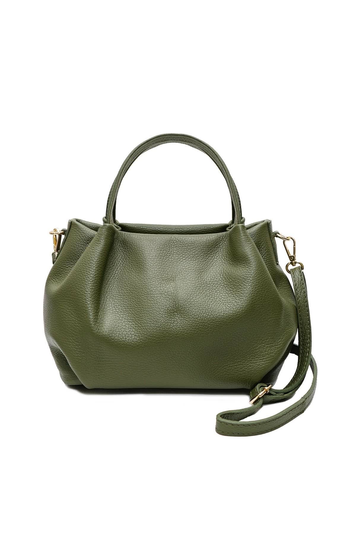 Big dark green leather handbag purse with handles, strap, and gold details